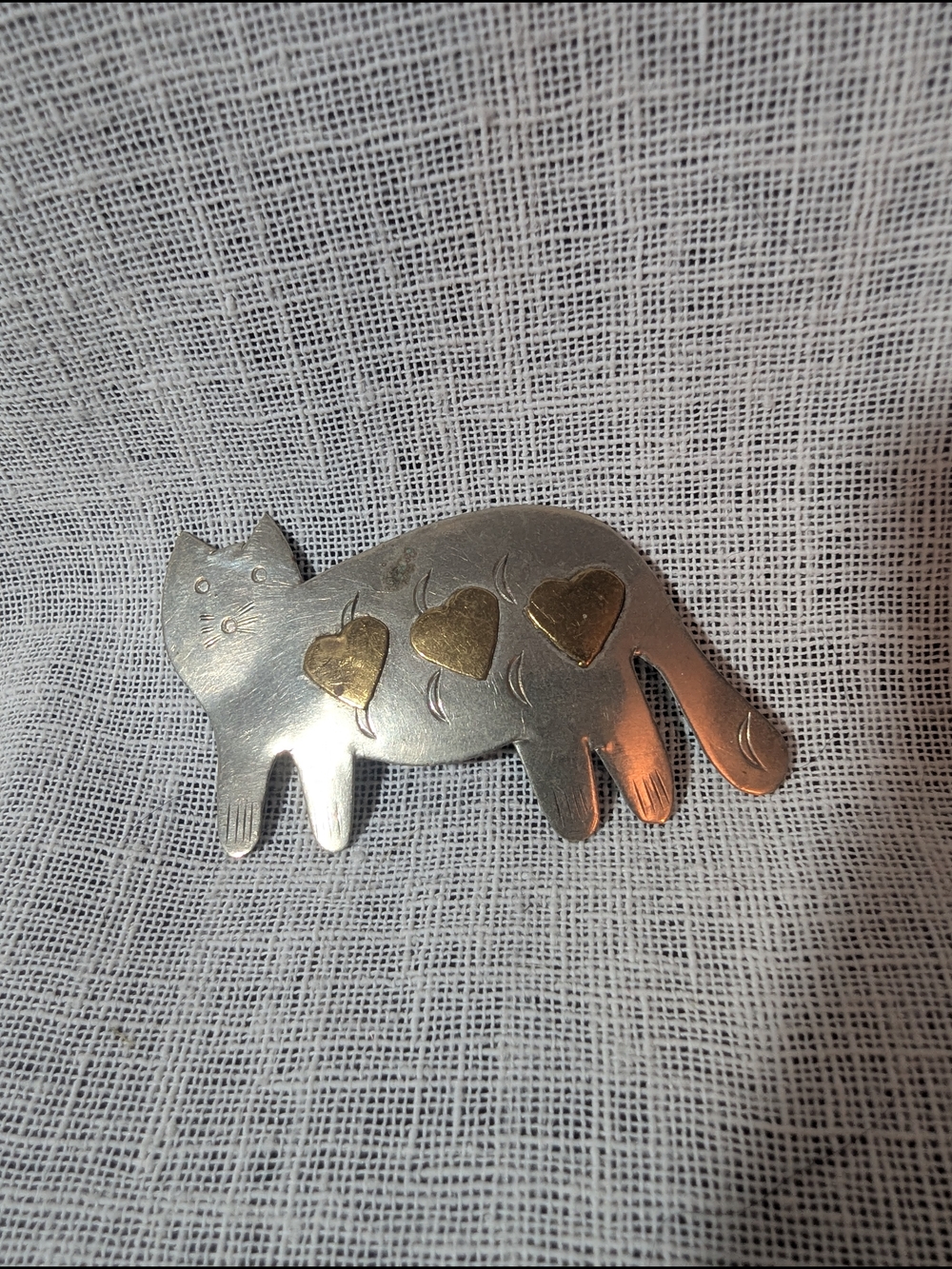 Silver Gold Tone Kitty Cat Brooch Pin Handmade Artisan Feline Jewelry